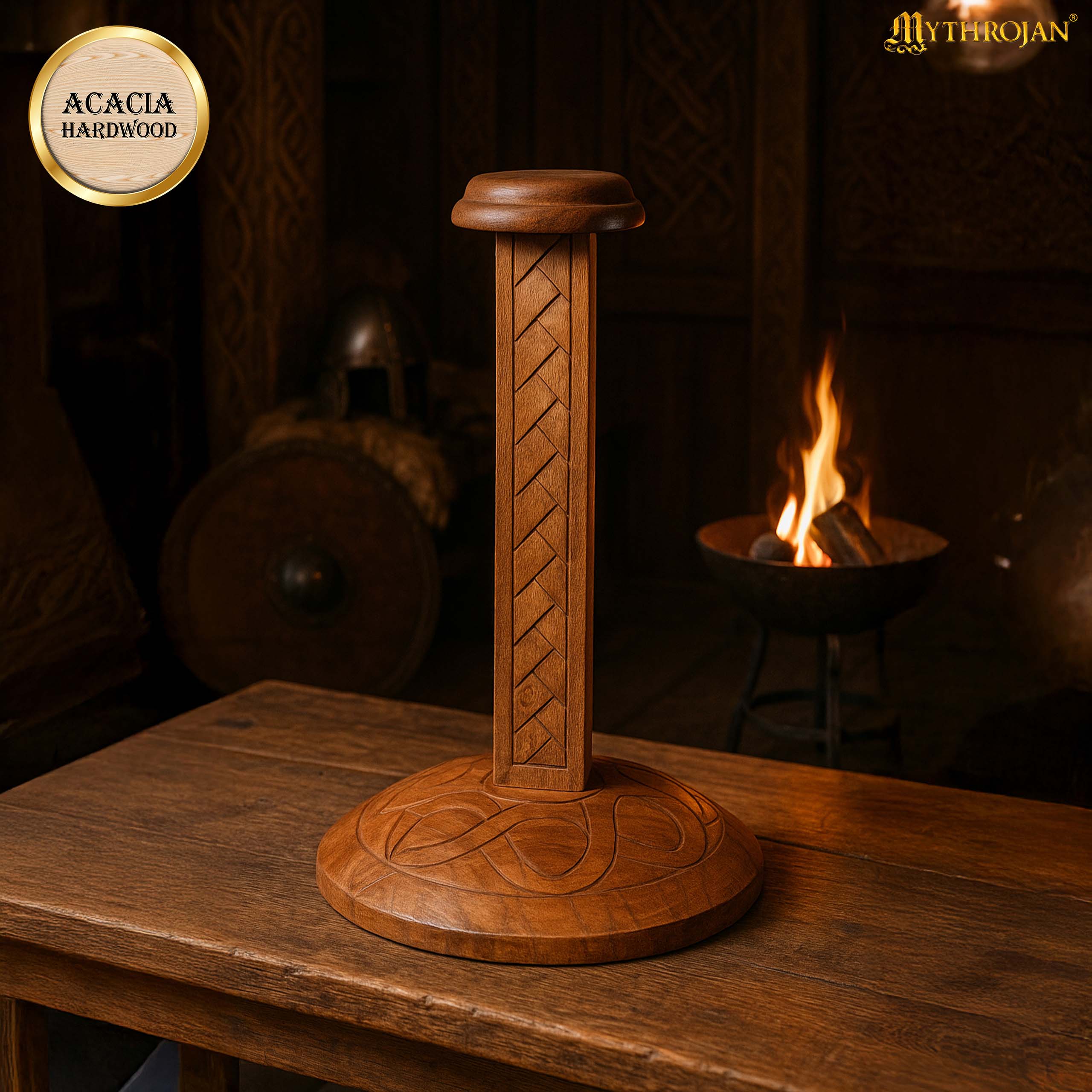 Mythrojan Wooden Helmet Stand Solid Medieval Roman Viking Helmet Display Stand Mask Display Templar Spartan Cosplay Larp Knight Stand - Brown