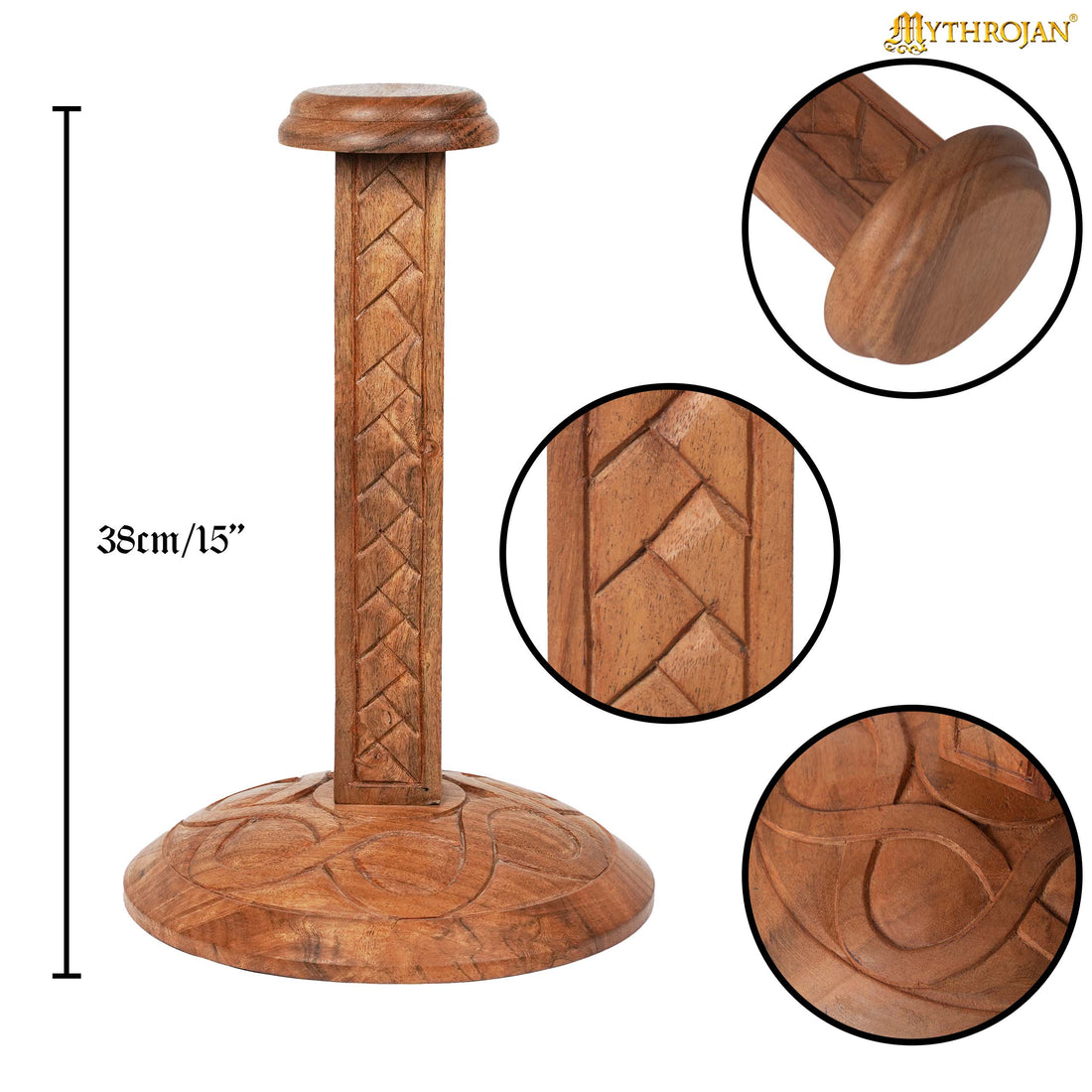 Mythrojan Wooden Helmet Stand Solid Medieval Roman Viking Helmet Display Stand Mask Display Templar Spartan Cosplay Larp Knight Stand - Brown