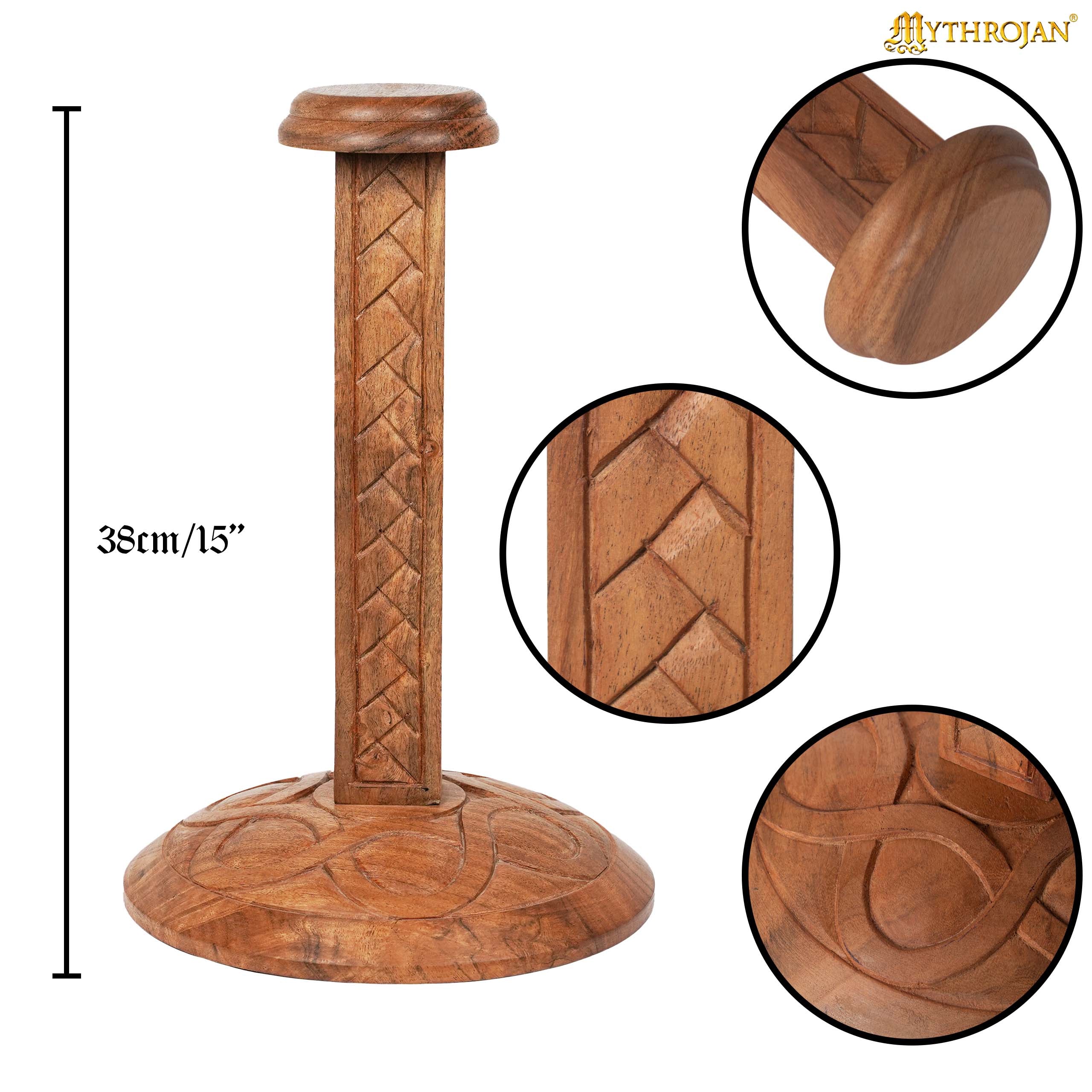 Mythrojan Wooden Helmet Stand Solid Medieval Roman Viking Helmet Display Stand Mask Display Templar Spartan Cosplay Larp Knight Stand - Brown