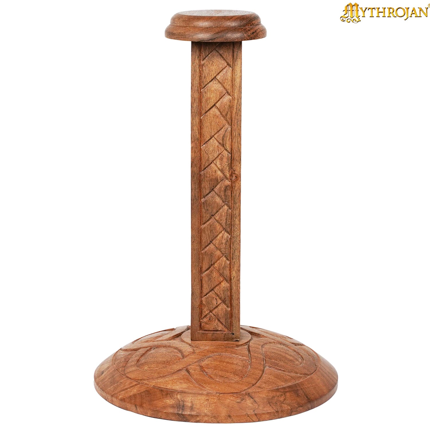 Mythrojan Wooden Helmet Stand Solid Medieval Roman Viking Helmet Display Stand Mask Display Templar Spartan Cosplay Larp Knight Stand - Brown