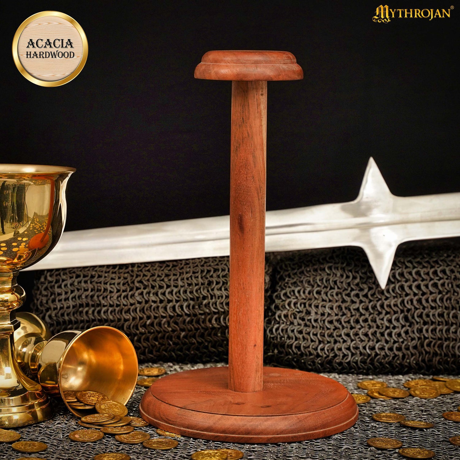 Mythrojan Wooden Helmet Stand Solid Medieval Roman Viking Helmet Display Stand Mask Display Templar Spartan Cosplay LARP Knight Stand - 13&quot;