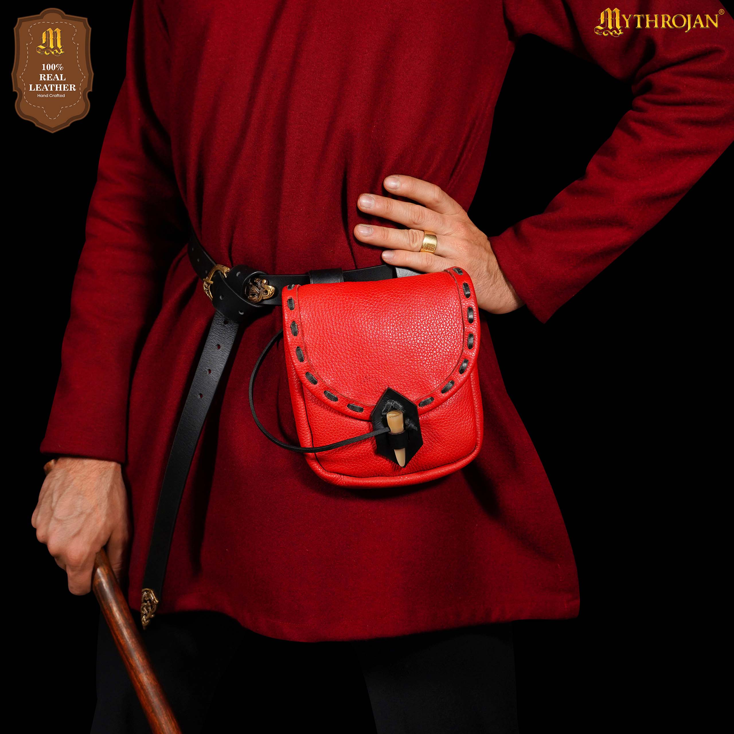 Mythrojan “The Adventurer’s” Belt Bag with Horn Toggle, Ideal for SCA LARP Reenactment &amp; Ren fair, Full Grain Leather, Red, 8”x 7”