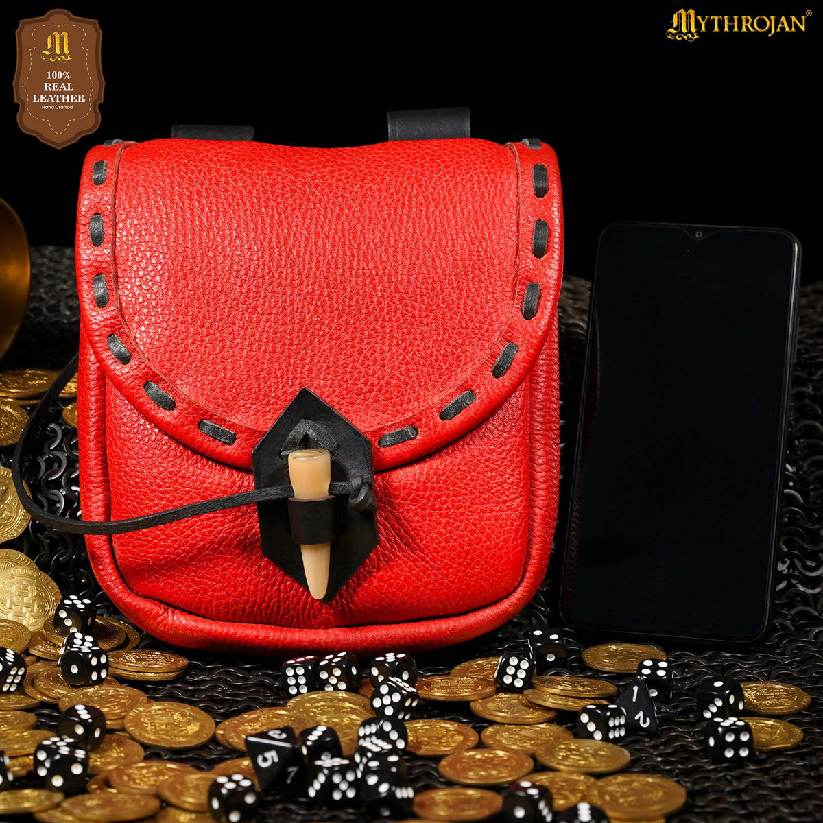Mythrojan “The Adventurer’s” Belt Bag with Horn Toggle, Ideal for SCA LARP Reenactment &amp; Ren fair, Full Grain Leather, Blue, 8”x 7”