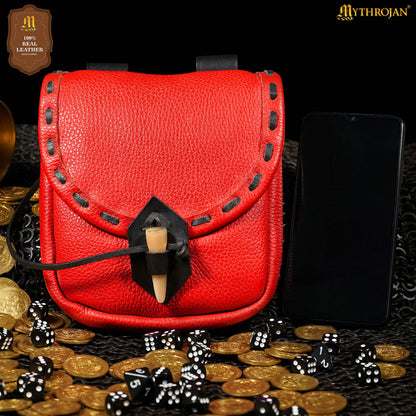 Mythrojan “The Adventurer’s” Belt Bag with Horn Toggle, Ideal for SCA LARP Reenactment &amp; Ren fair, Full Grain Leather, Blue, 8”x 7”