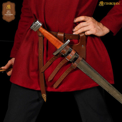 Mythrojan Renaissance Leather Sword Frog LARP Costume Accessory Rapier Knight Sword Belt - Brown