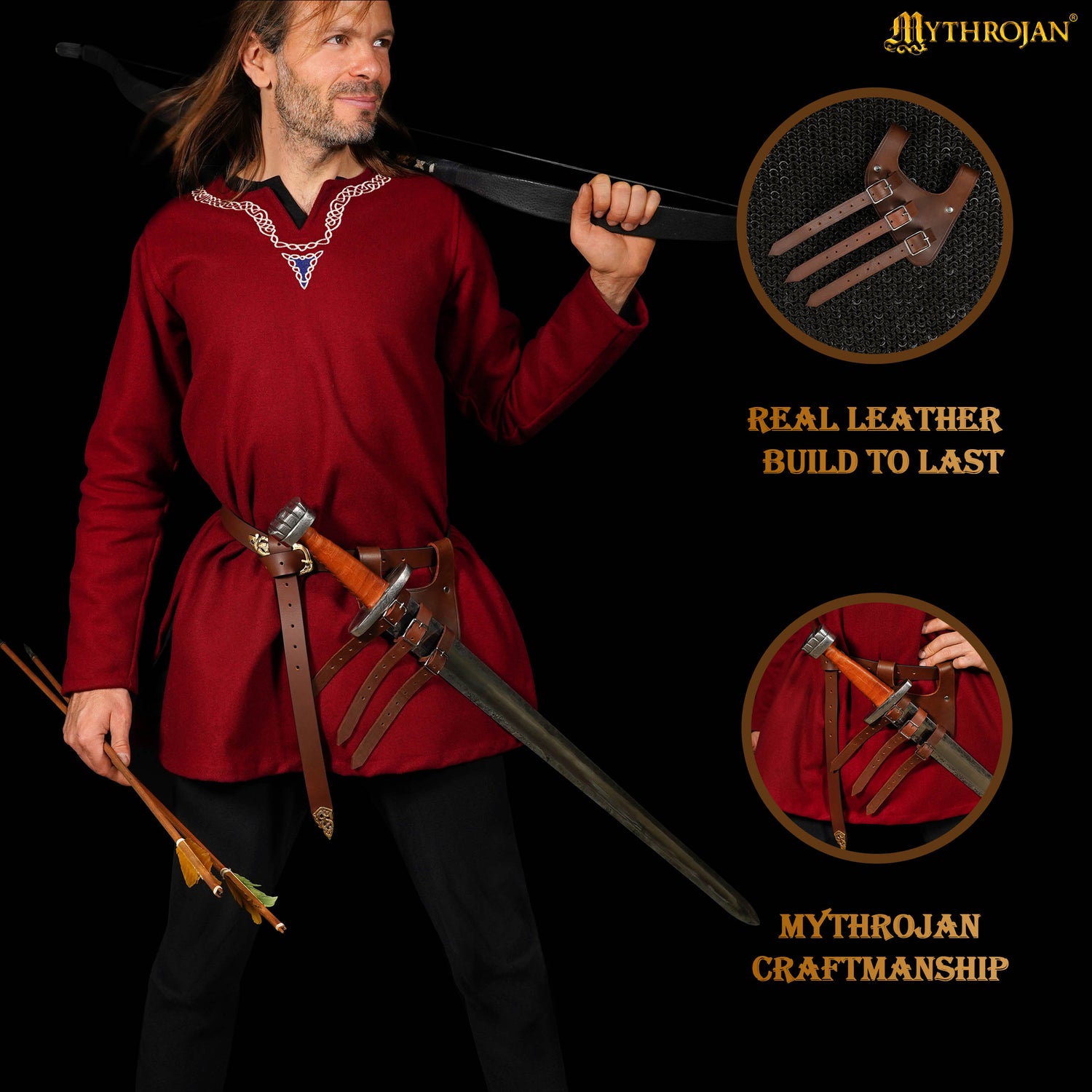 Mythrojan Renaissance Leather Sword Frog LARP Costume Accessory Rapier Knight Sword Belt - Brown