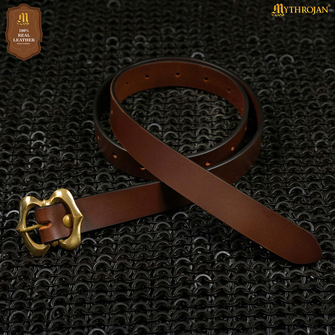 Mythrojan Medieval Leather Renaissance Viking Belt with Brass Buckle - Brown
