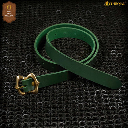 Mythrojan Medieval Green Leather Renaissance Viking Belt with Brass Buckle - Green