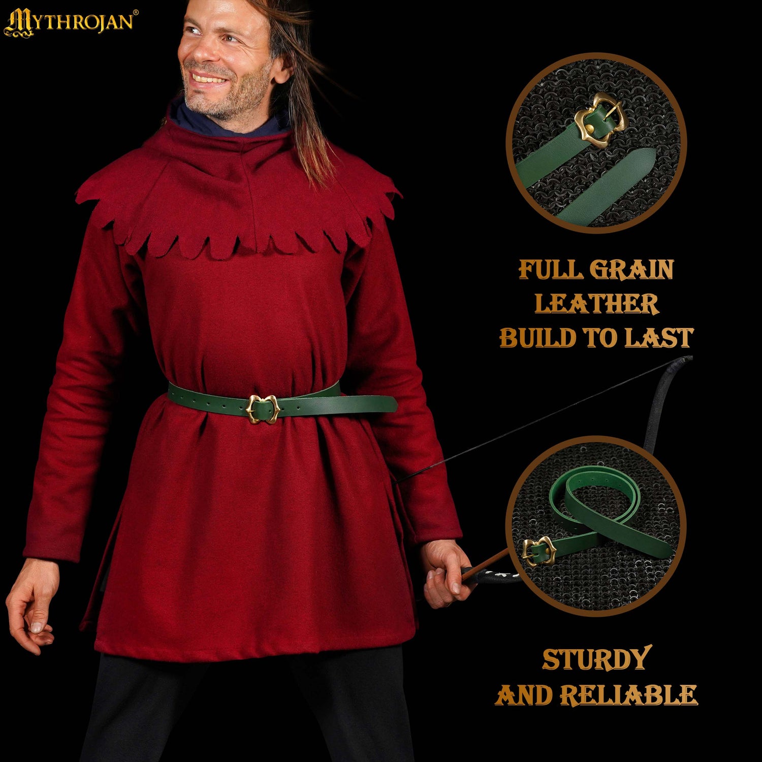 Mythrojan Medieval Green Leather Renaissance Viking Belt with Brass Buckle - Green