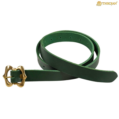 Mythrojan Medieval Green Leather Renaissance Viking Belt with Brass Buckle - Green