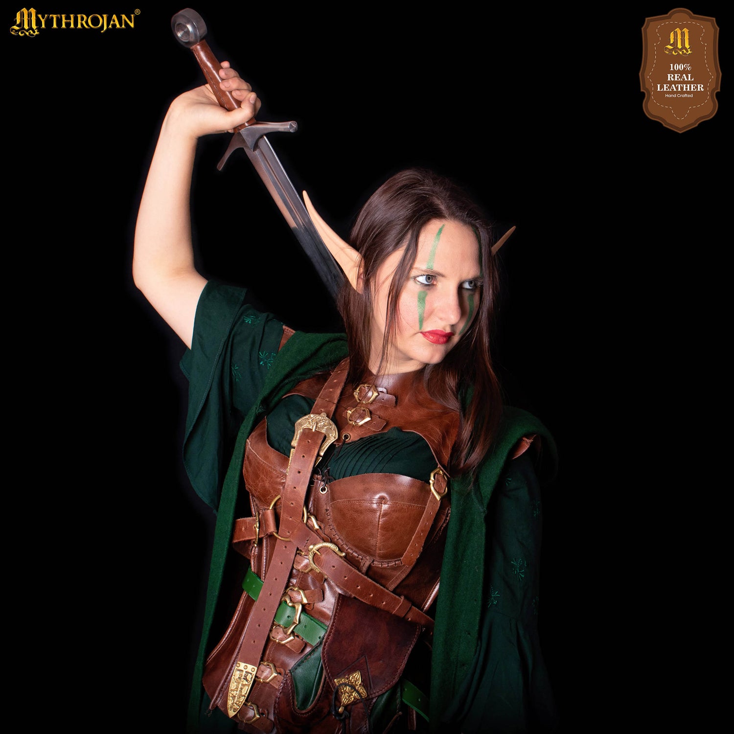 Mythrojan Medieval Green Leather Renaissance Viking Belt with Brass Buckle - Green