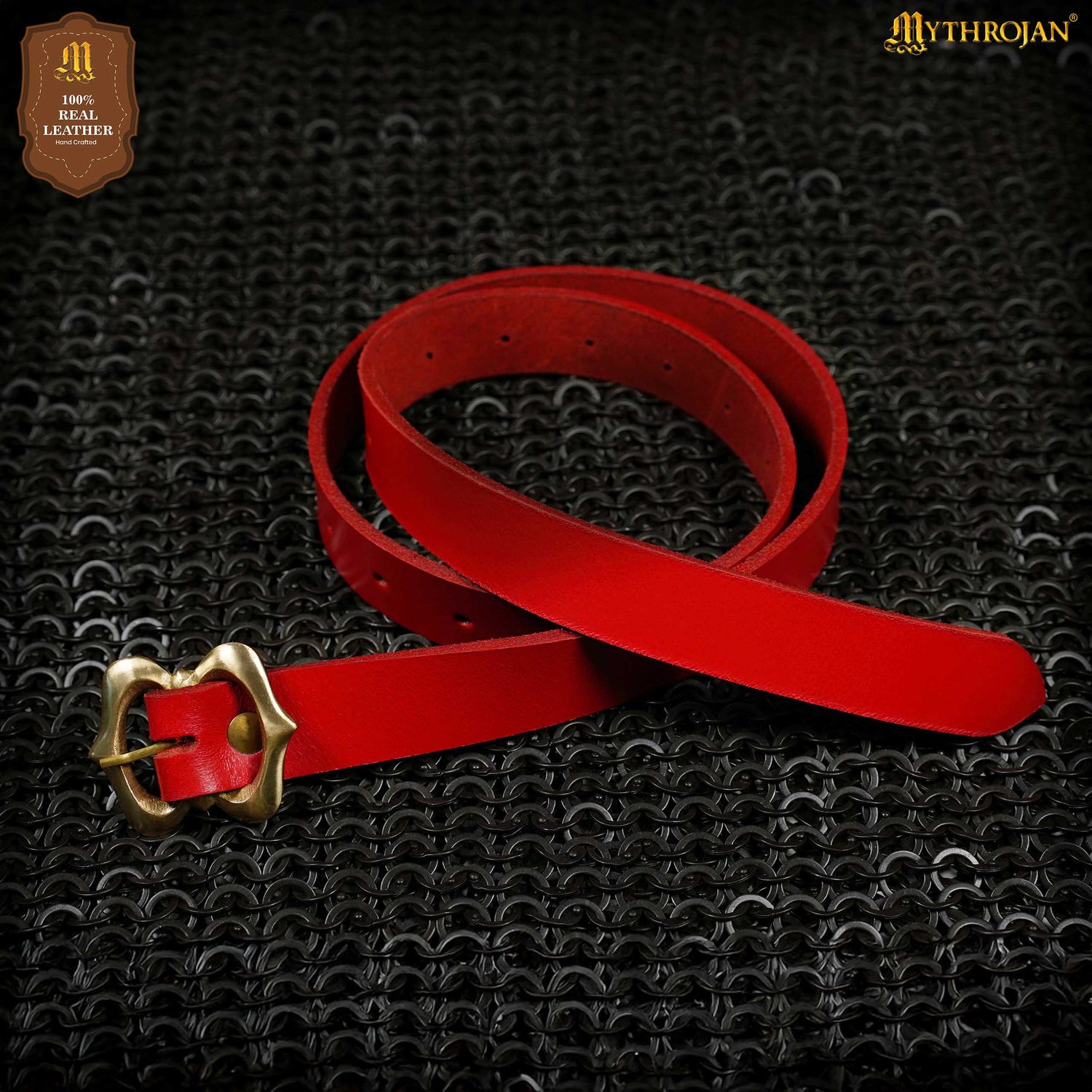 Mythrojan Medieval Red Leather Renaissance Viking Belt with Brass Buckle - Red