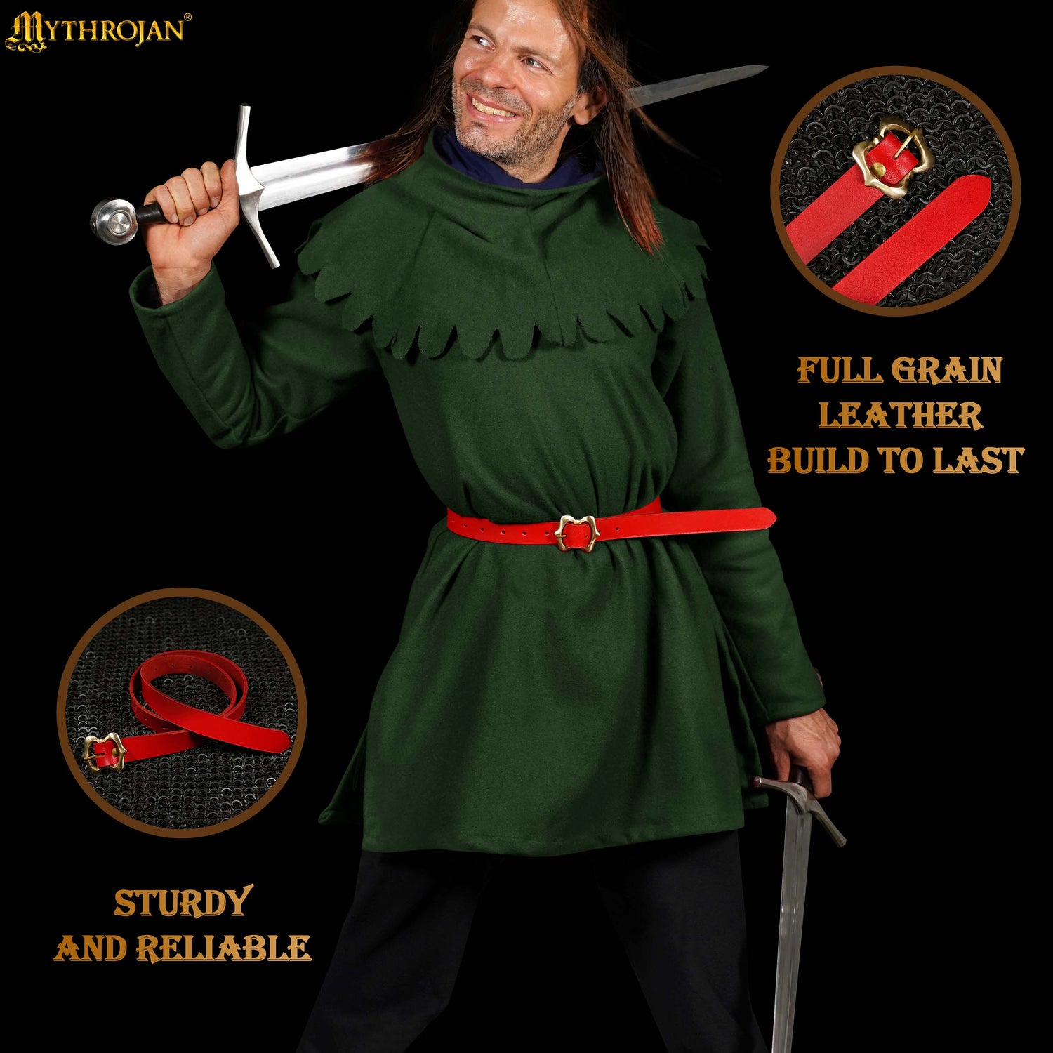 Mythrojan Medieval Red Leather Renaissance Viking Belt with Brass Buckle - Red