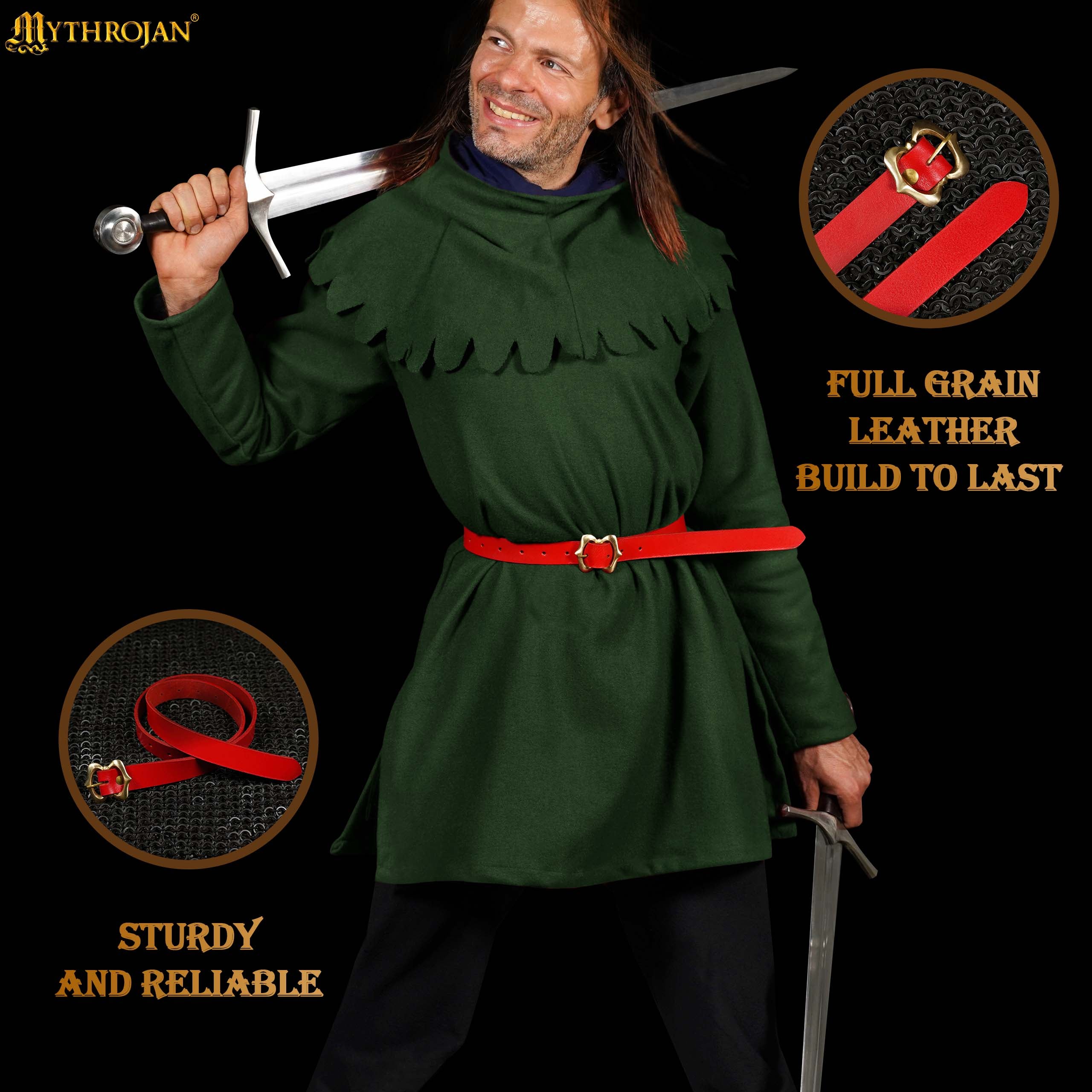 Mythrojan Medieval Red Leather Renaissance Viking Belt with Brass Buckle - Red