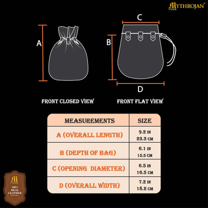 Mythrojan “ Gold and Dice ” Medieval Drawstring Bag, Ideal for SCA LARP Reenactment &amp; Ren fair Suede Leather Pouch, Black 9.2” ×7.2 ”