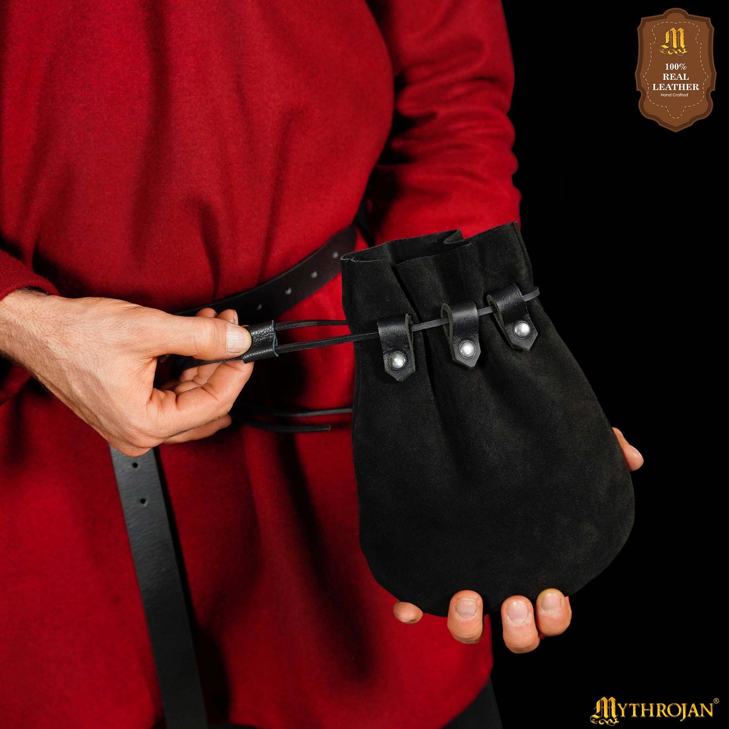 Mythrojan “ Gold and Dice ” Medieval Drawstring Bag, Ideal for SCA LARP Reenactment &amp; Ren fair Suede Leather Pouch, Black 9.2” ×7.2 ”