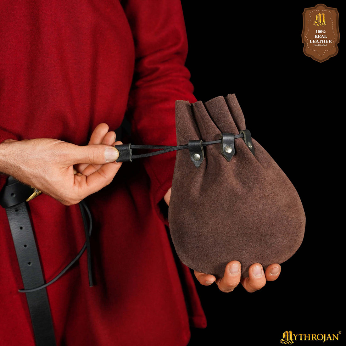 Mythrojan “ Gold and Dice ” Medieval Drawstring Bag, Ideal for SCA LARP Reenactment &amp; Ren fair Suede Leather Pouch, Chocolate Brown 9.2” ×7.2 ”