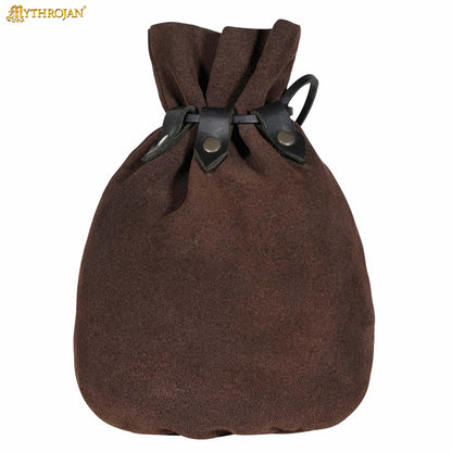 Mythrojan “ Gold and Dice ” Medieval Drawstring Bag, Ideal for SCA LARP Reenactment &amp; Ren fair Suede Leather Pouch, Chocolate Brown 9.2” ×7.2 ”