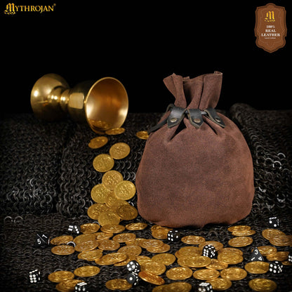 Mythrojan “ Gold and Dice ” Medieval Drawstring Bag, Ideal for SCA LARP Reenactment &amp; Ren fair Suede Leather Pouch, Chocolate Brown 9.2” ×7.2 ”