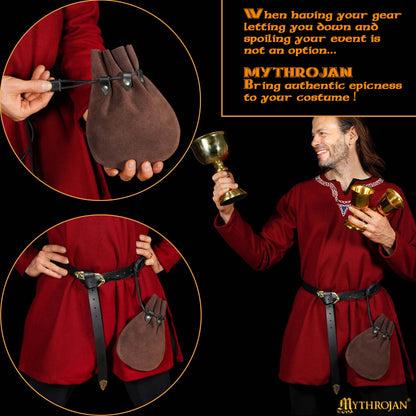 Mythrojan “ Gold and Dice ” Medieval Drawstring Bag, Ideal for SCA LARP Reenactment &amp; Ren fair Suede Leather Pouch, Chocolate Brown 9.2” ×7.2 ”