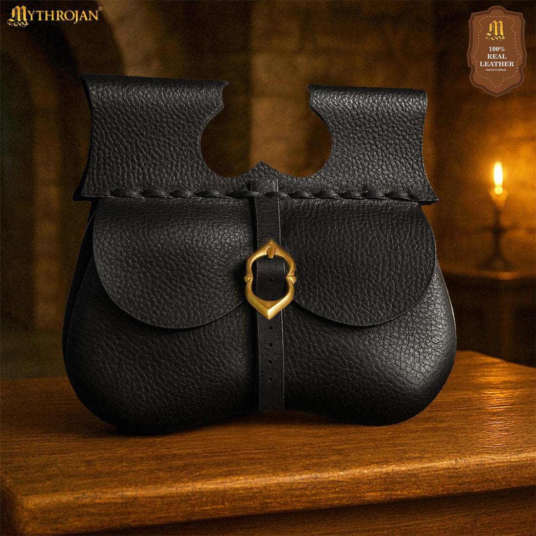 Mythrojan Medieval Leather Kidney Pouch with Brass Buckle