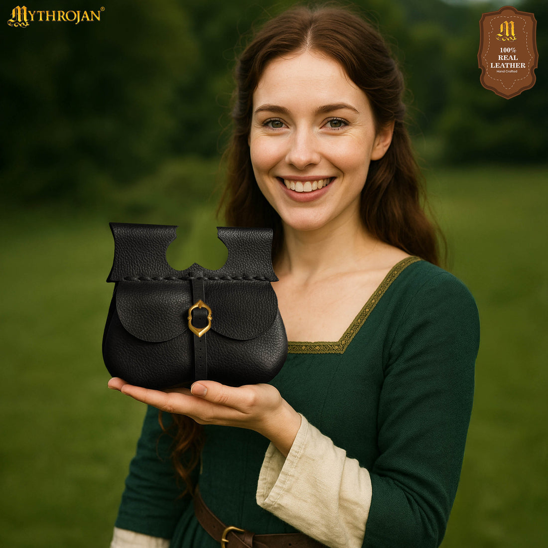 Mythrojan Medieval Leather Kidney Pouch with Brass Buckle