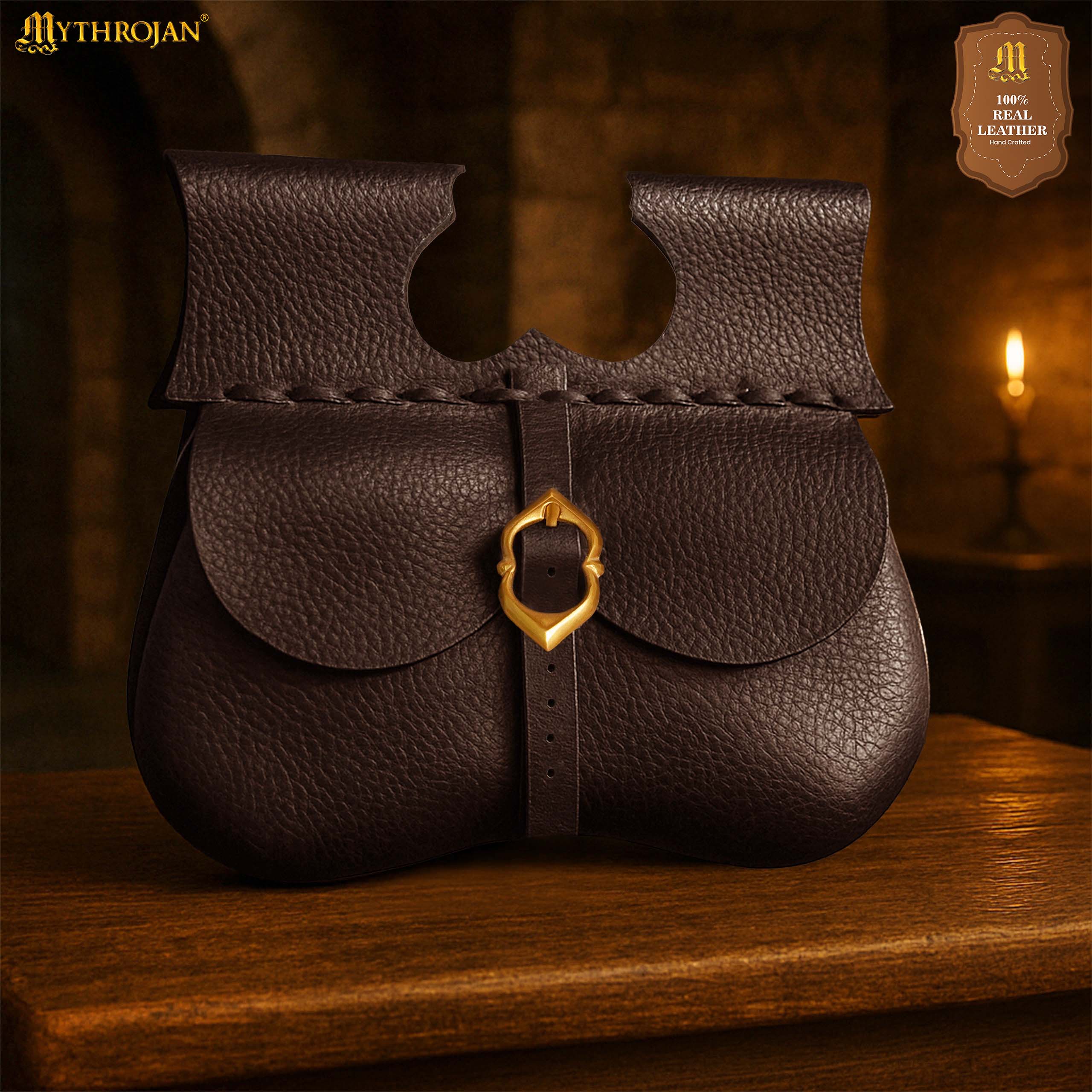Mythrojan Classic Medieval Belt Bag with Solid Brass Buckle, Ideal for SCA LARP Reenactment &amp; Ren Fair, Full Grain Leather, Brown 8.5”×9”