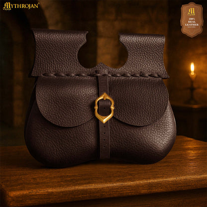 Mythrojan Classic Medieval Belt Bag with Solid Brass Buckle, Ideal for SCA LARP Reenactment &amp; Ren Fair, Full Grain Leather, Brown 8.5”×9”