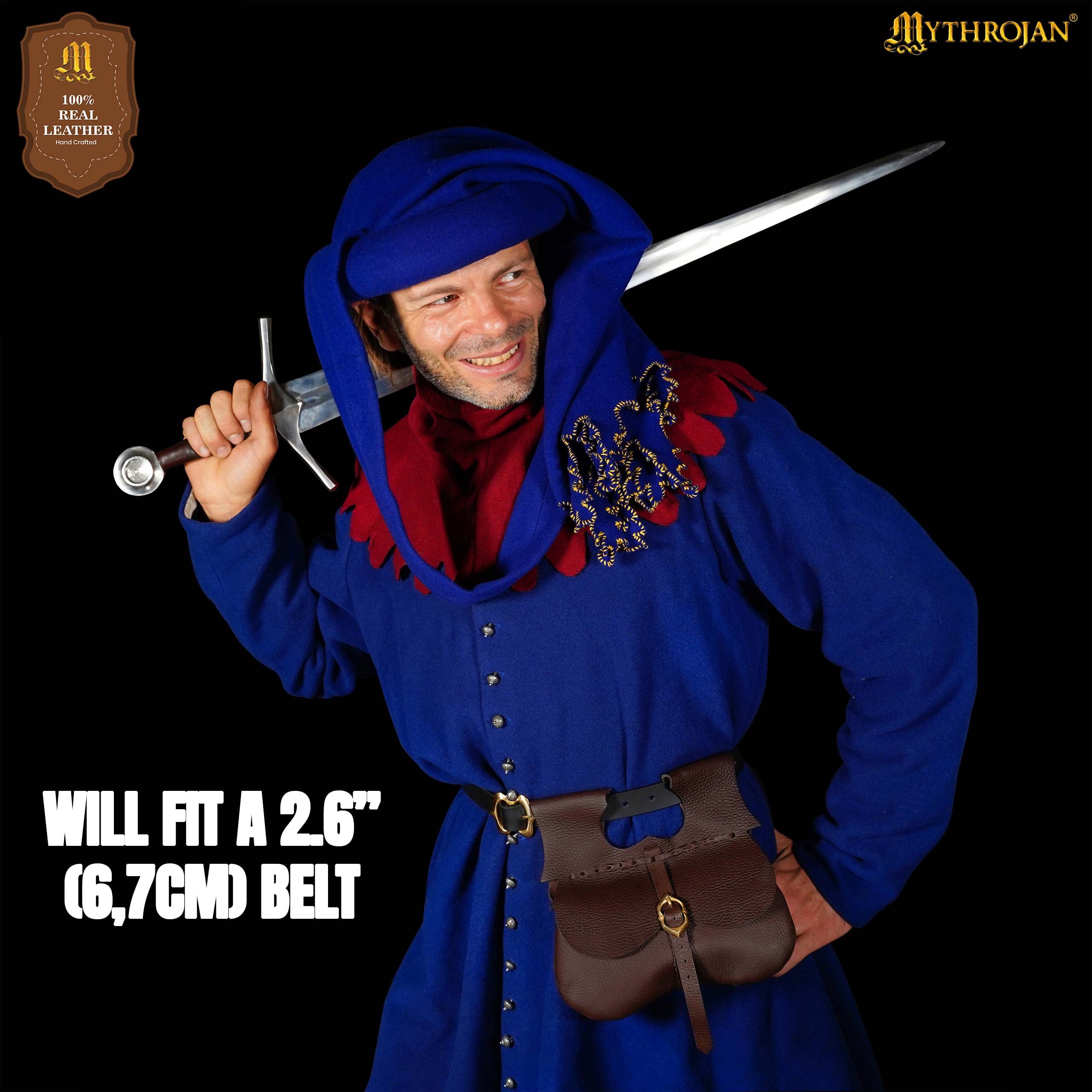 Mythrojan Classic Medieval Belt Bag with Solid Brass Buckle, Ideal for SCA LARP Reenactment &amp; Ren Fair, Full Grain Leather, Brown 8.5”×9”