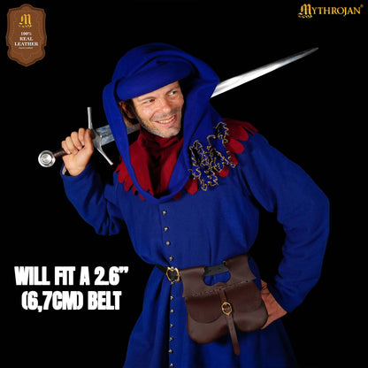 Mythrojan Classic Medieval Belt Bag with Solid Brass Buckle, Ideal for SCA LARP Reenactment &amp; Ren Fair, Full Grain Leather, Brown 8.5”×9”