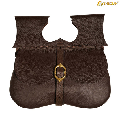Mythrojan Classic Medieval Belt Bag with Solid Brass Buckle, Ideal for SCA LARP Reenactment &amp; Ren Fair, Full Grain Leather, Brown 8.5”×9”