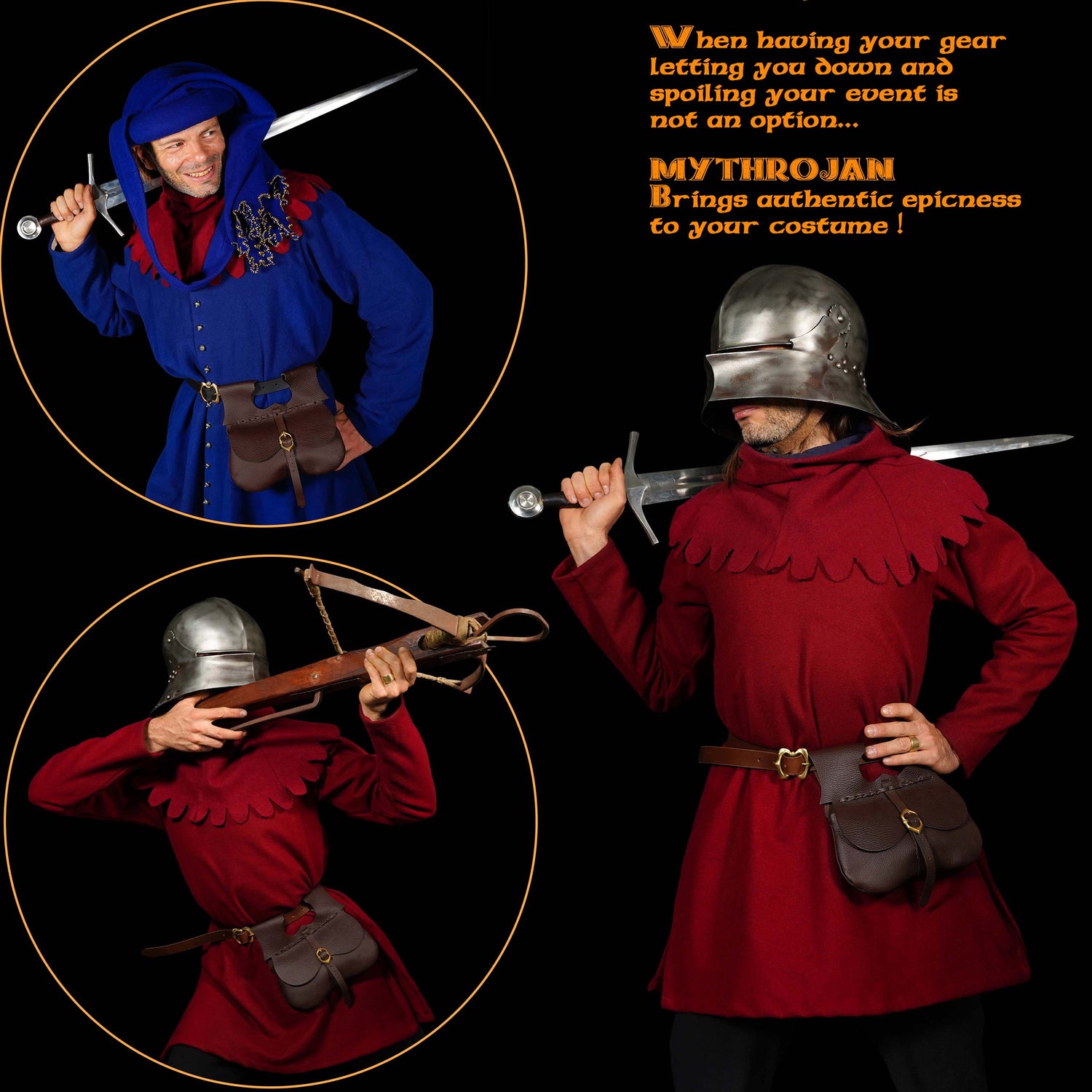 Mythrojan Classic Medieval Belt Bag with Solid Brass Buckle, Ideal for SCA LARP Reenactment &amp; Ren Fair, Full Grain Leather, Brown 8.5”×9”