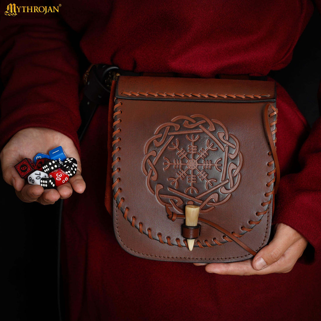 Mythrojan Warrior of the North Leather Belt Bag with Helm of Awe Embossing and Bone Toggle Closure