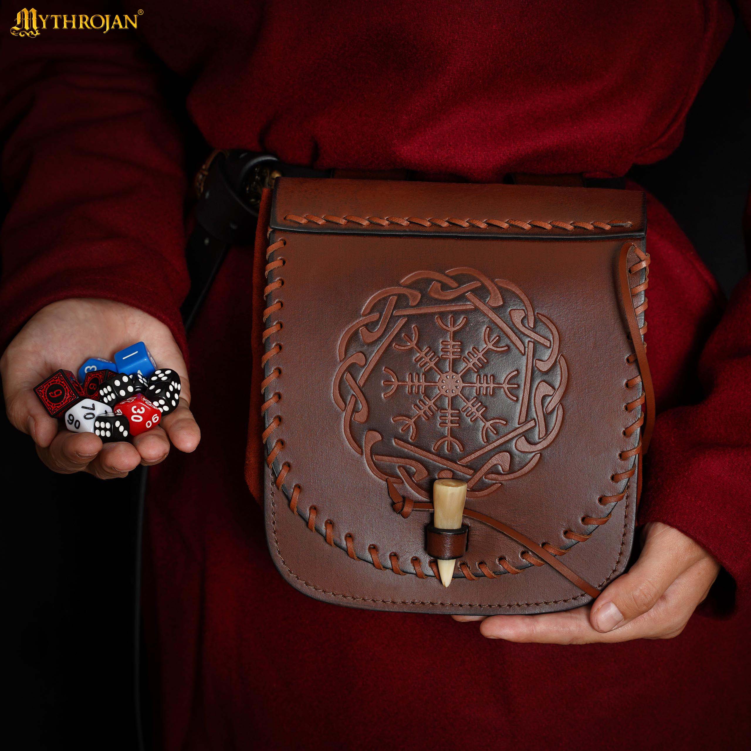 Mythrojan Warrior of the North Leather Belt Bag with Helm of Awe Embossing and Bone Toggle Closure