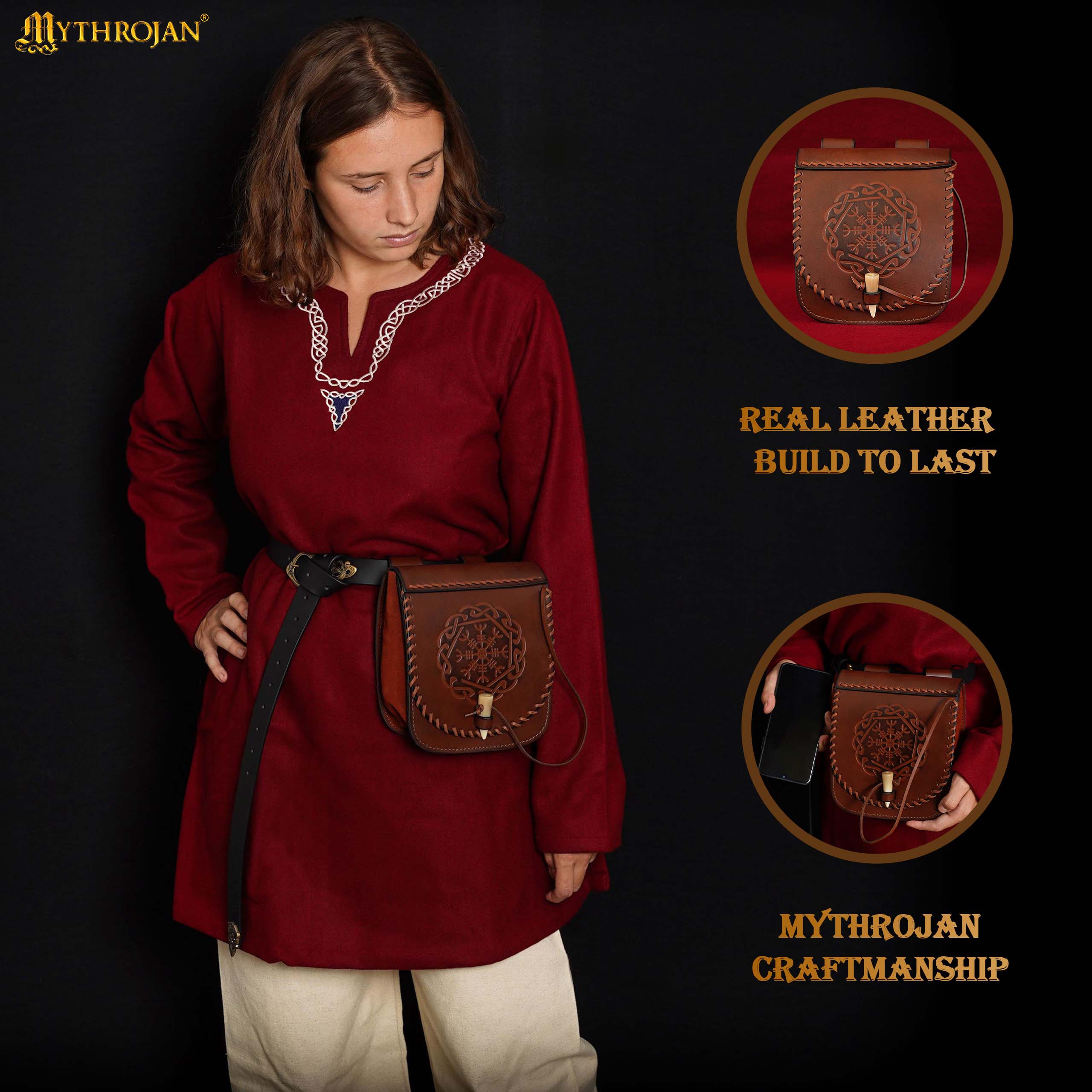 Mythrojan Warrior of the North Leather Belt Bag with Helm of Awe Embossing and Bone Toggle Closure