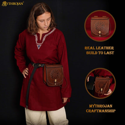 Mythrojan Warrior of the North Leather Belt Bag with Helm of Awe Embossing and Bone Toggle Closure