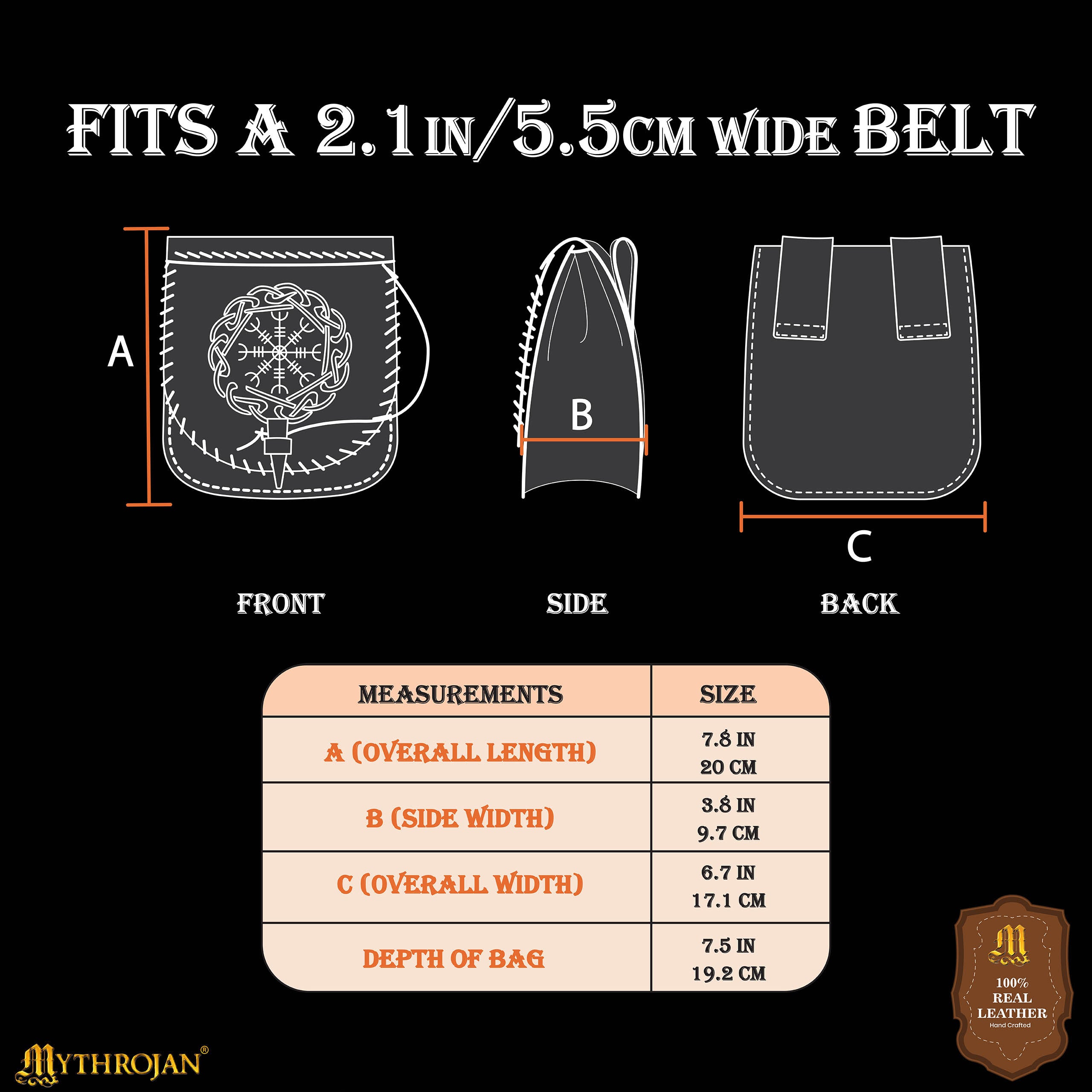 Mythrojan Warrior of the North Leather Belt Bag with Helm of Awe Embossing and Bone Toggle Closure