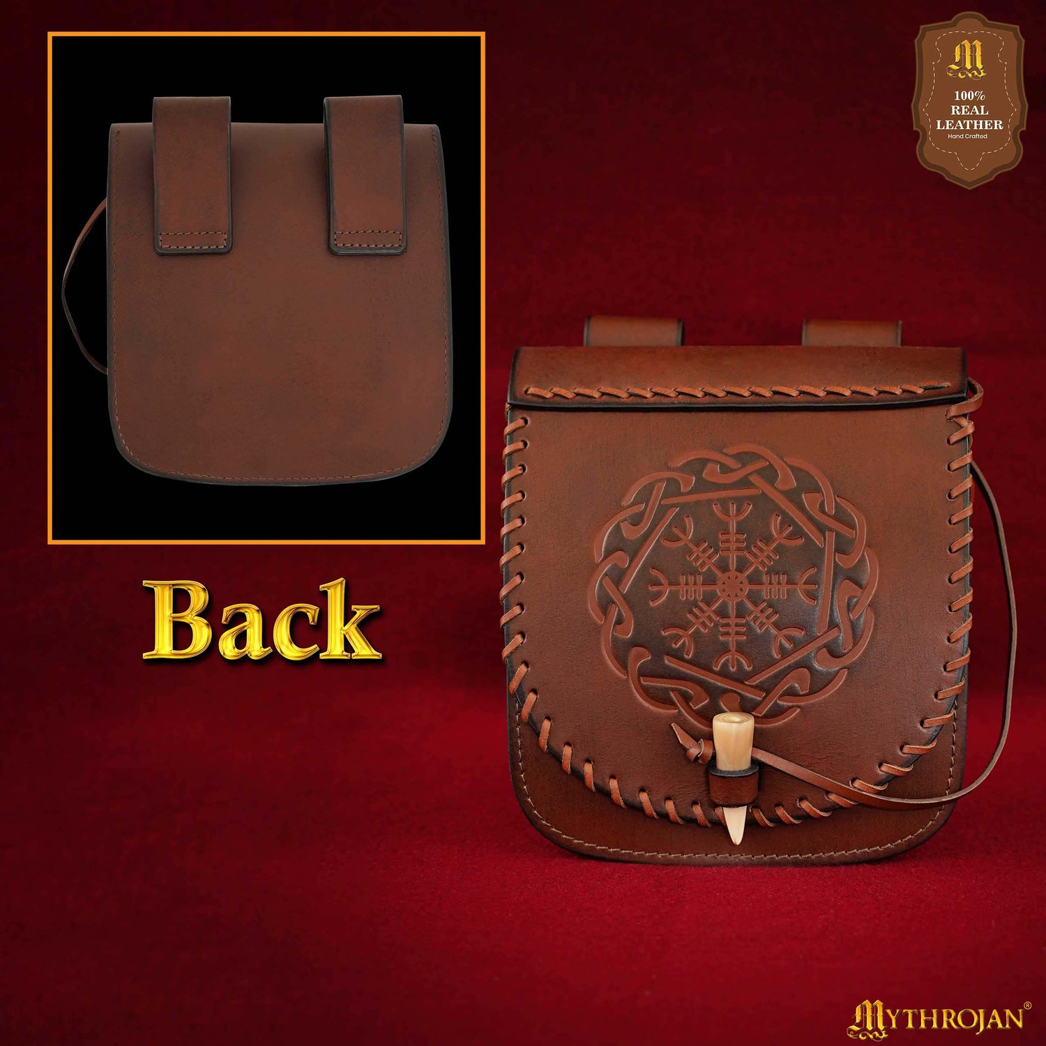 Mythrojan Warrior of the North Leather Belt Bag with Helm of Awe Embossing and Bone Toggle Closure