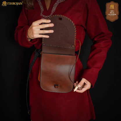 Mythrojan Warrior of the North Leather Belt Bag with Helm of Awe Embossing and Bone Toggle Closure