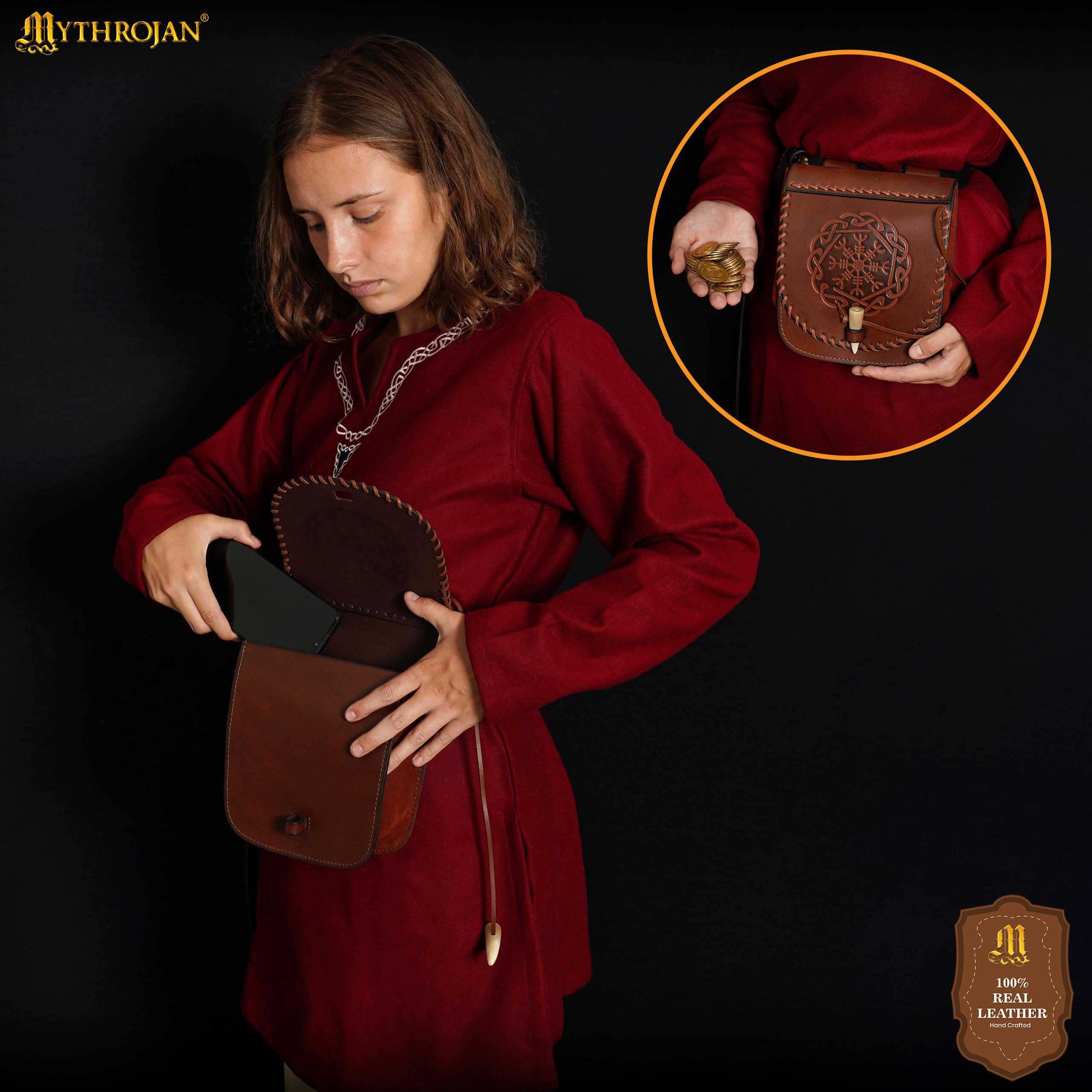 Mythrojan Warrior of the North Leather Belt Bag with Helm of Awe Embossing and Bone Toggle Closure