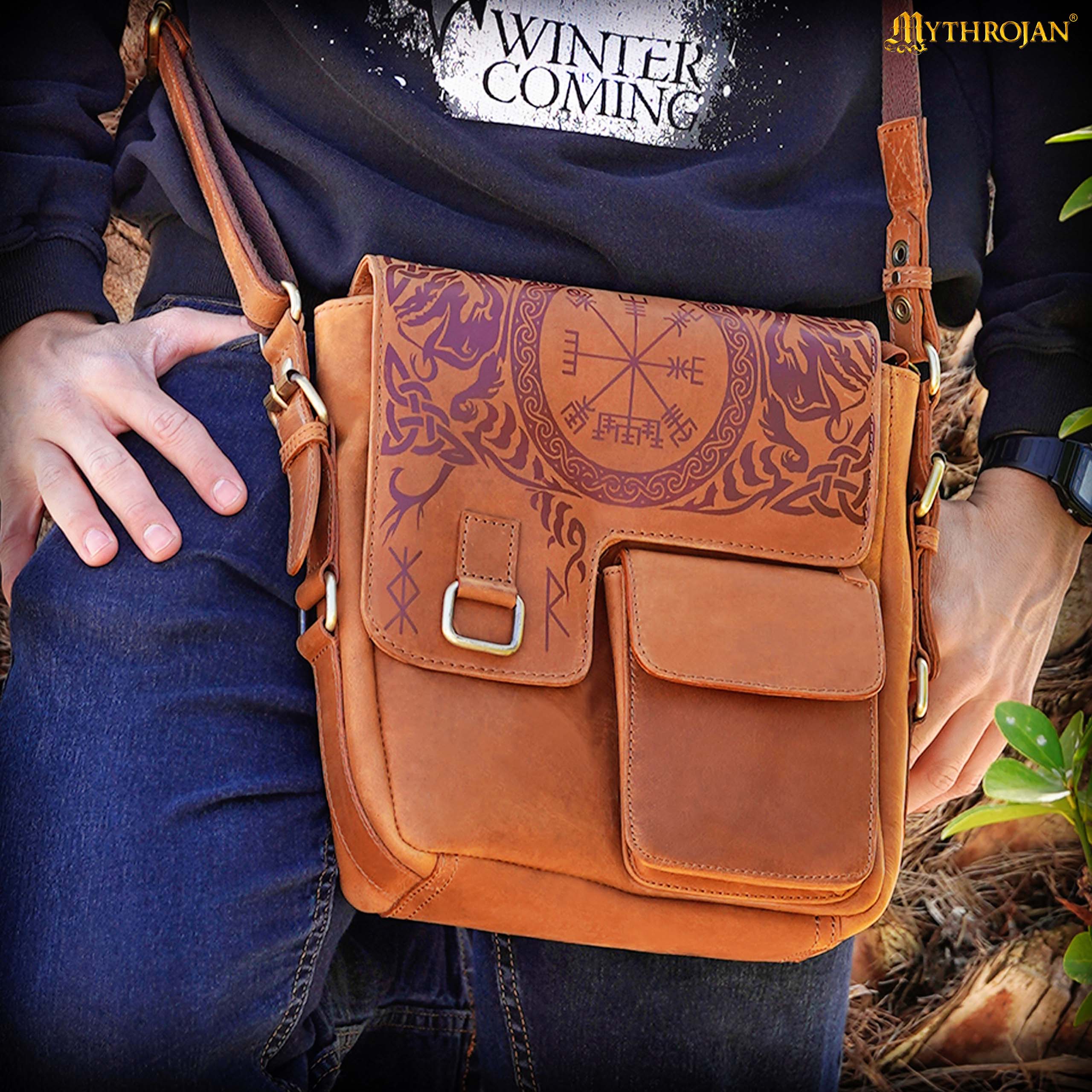 Mythrojan Norse Rune Leather Messenger Satchel Bag – Viking Rune Cross Body Bag