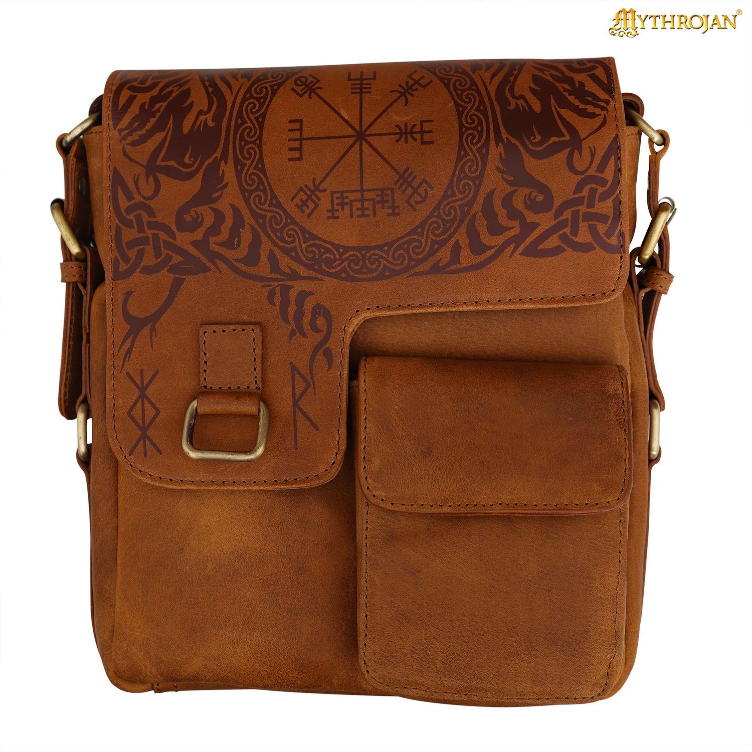Mythrojan Norse Rune Leather Messenger Satchel Bag – Viking Rune Cross Body Bag