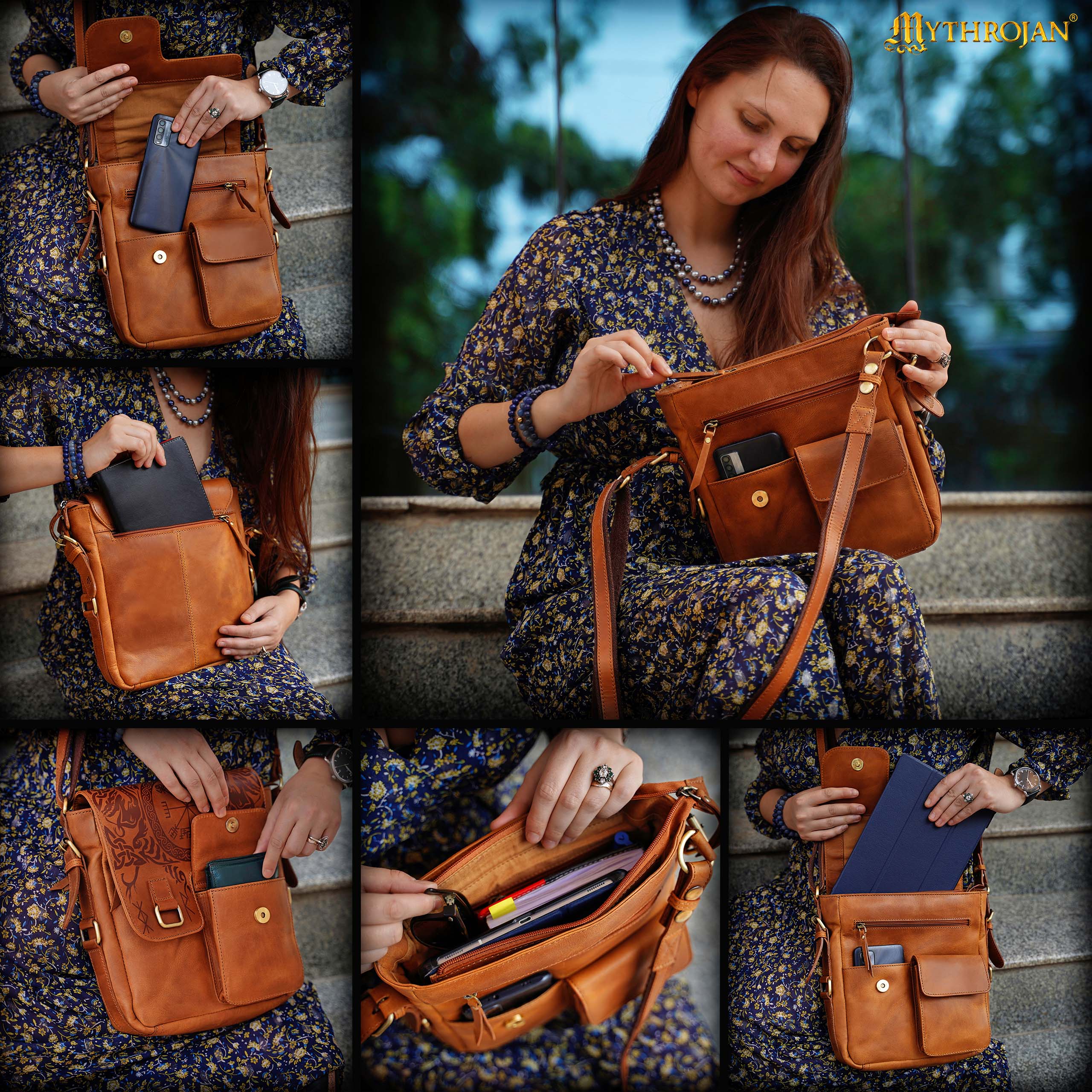 Mythrojan Norse Rune Leather Messenger Satchel Bag – Viking Rune Cross Body Bag