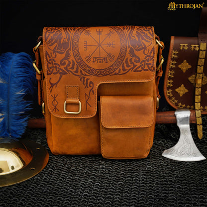 Mythrojan Norse Rune Leather Messenger Satchel Bag – Viking Rune Cross Body Bag
