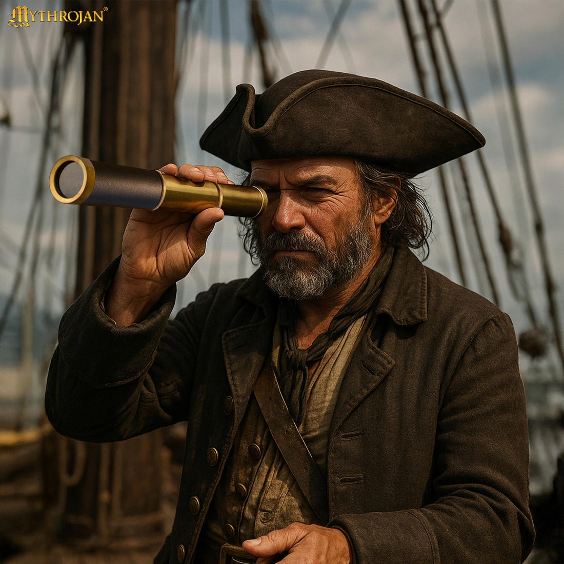 Mythrojan Mini Pirate Spyglass Telescope Brass Colapsable Hand Telescope with Wooden Box Small Vintage Telescope Pirate Decore Brass Decorative Telescope 9 - Black