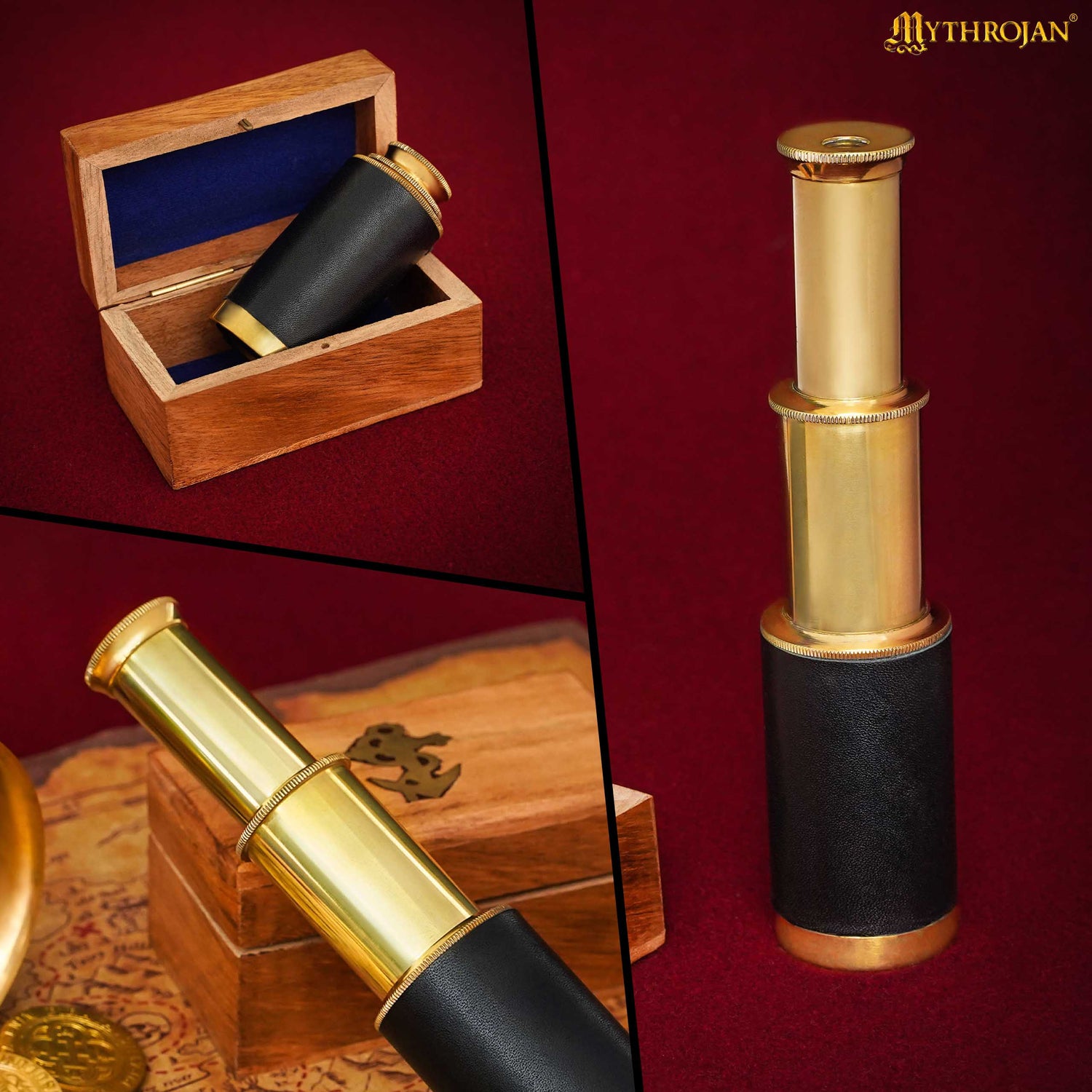 Mythrojan Mini Pirate Spyglass Telescope Brass Colapsable Hand Telescope with Wooden Box Small Vintage Telescope Pirate Decore Brass Decorative Telescope - Black 6
