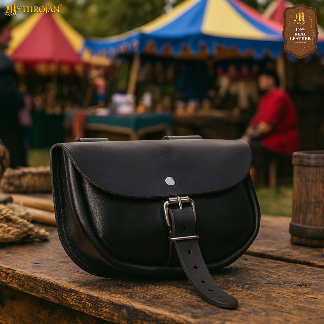 Mythrojan “ The Medieval Burglar ” Leather Bag, Ideal for SCA LARP Reenactment &amp; Ren fair - Full Grain Leather, Black 4.7 ” ×6.2 ”
