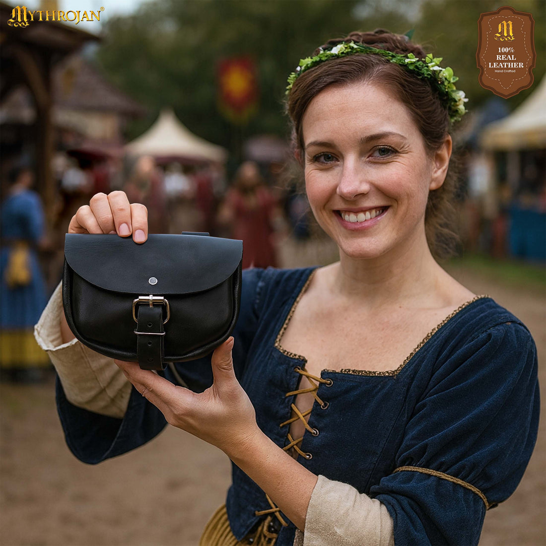 Mythrojan “ The Medieval Burglar ” Leather Bag, Ideal for SCA LARP Reenactment &amp; Ren fair - Full Grain Leather, Black 4.7 ” ×6.2 ”
