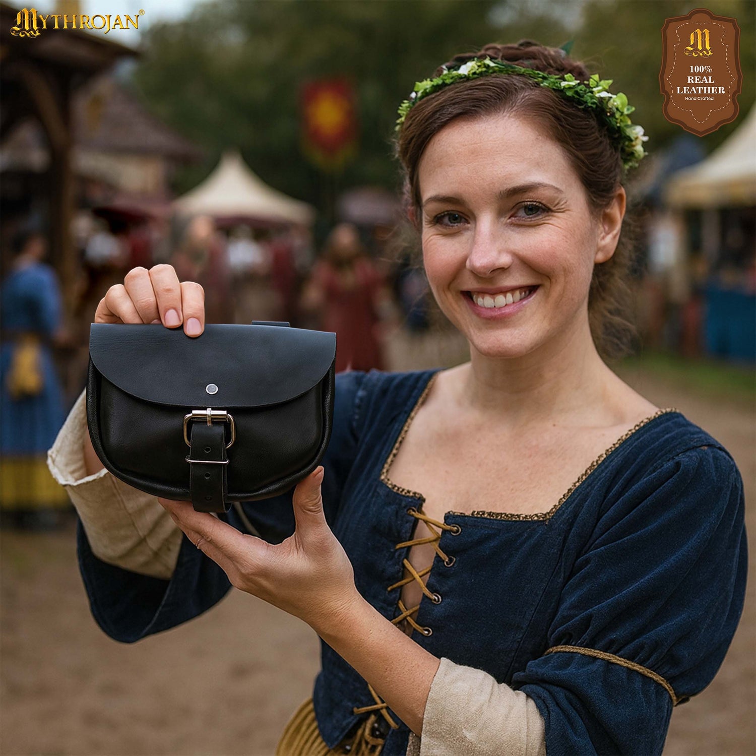 Mythrojan “ The Medieval Burglar ” Leather Bag, Ideal for SCA LARP Reenactment &amp; Ren fair - Full Grain Leather, Black 4.7 ” ×6.2 ”