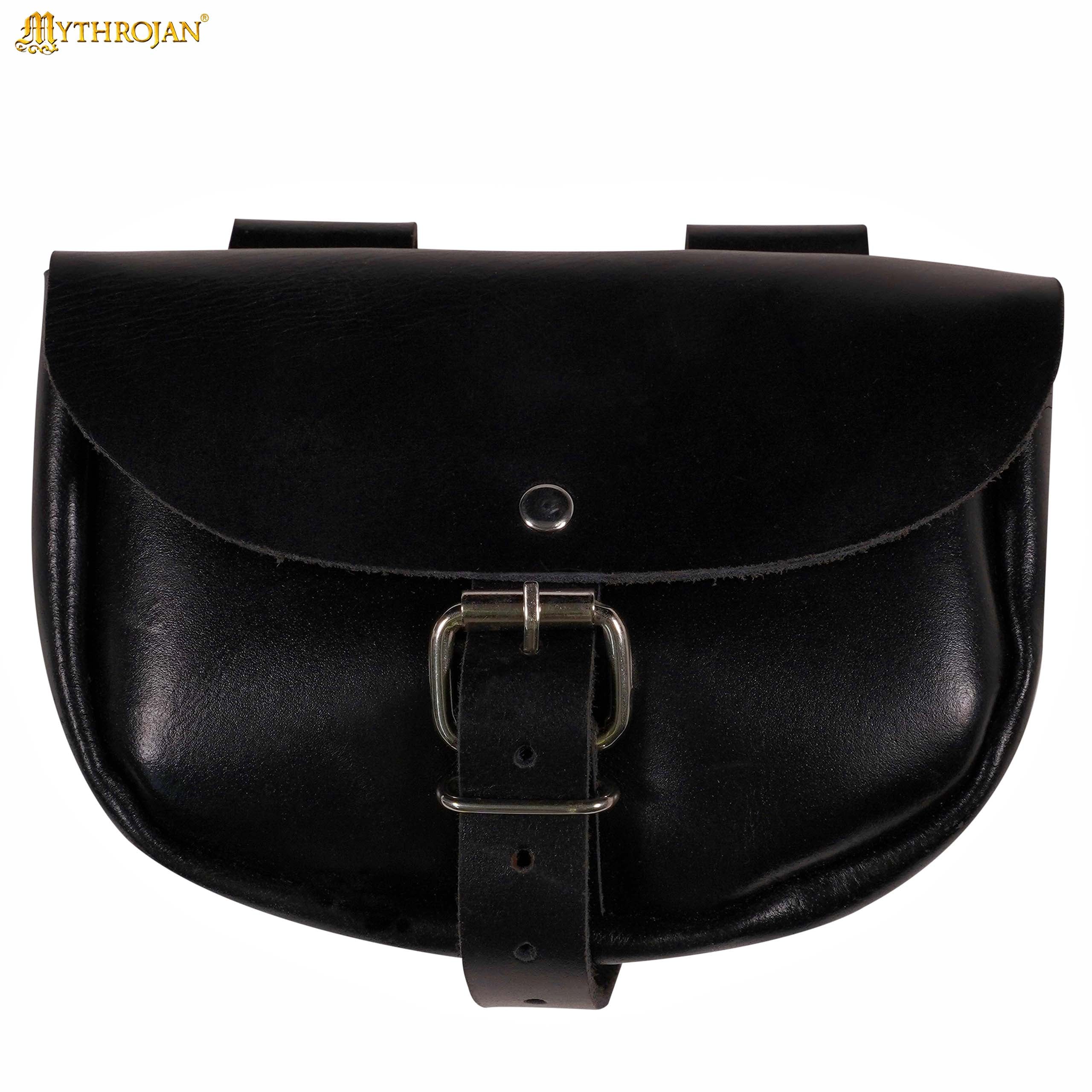 Mythrojan “ The Medieval Burglar ” Leather Bag, Ideal for SCA LARP Reenactment &amp; Ren fair - Full Grain Leather, Black 4.7 ” ×6.2 ”